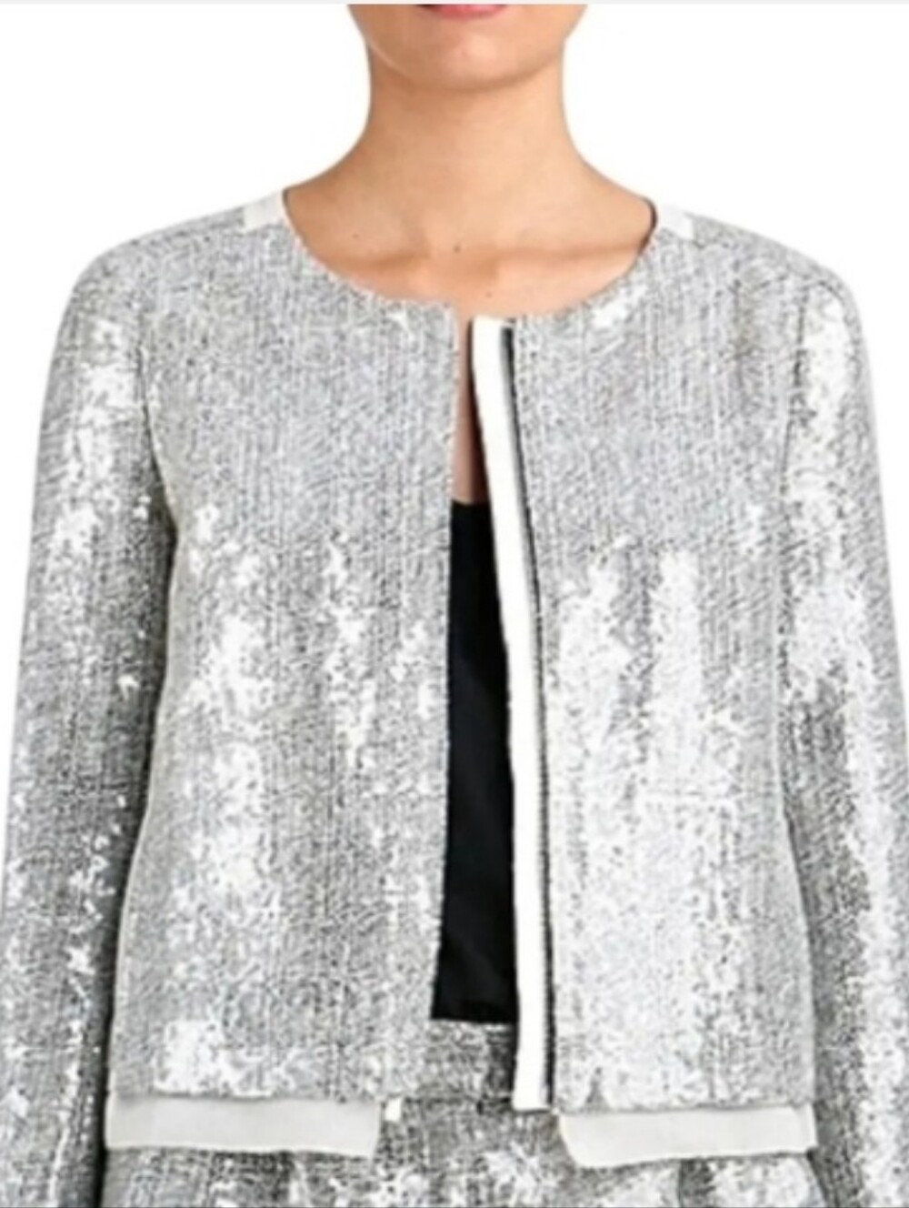 Diane Von Furstenberg Tamali Silver Crystal Sequin Open-Front Jacket Silk LARGE